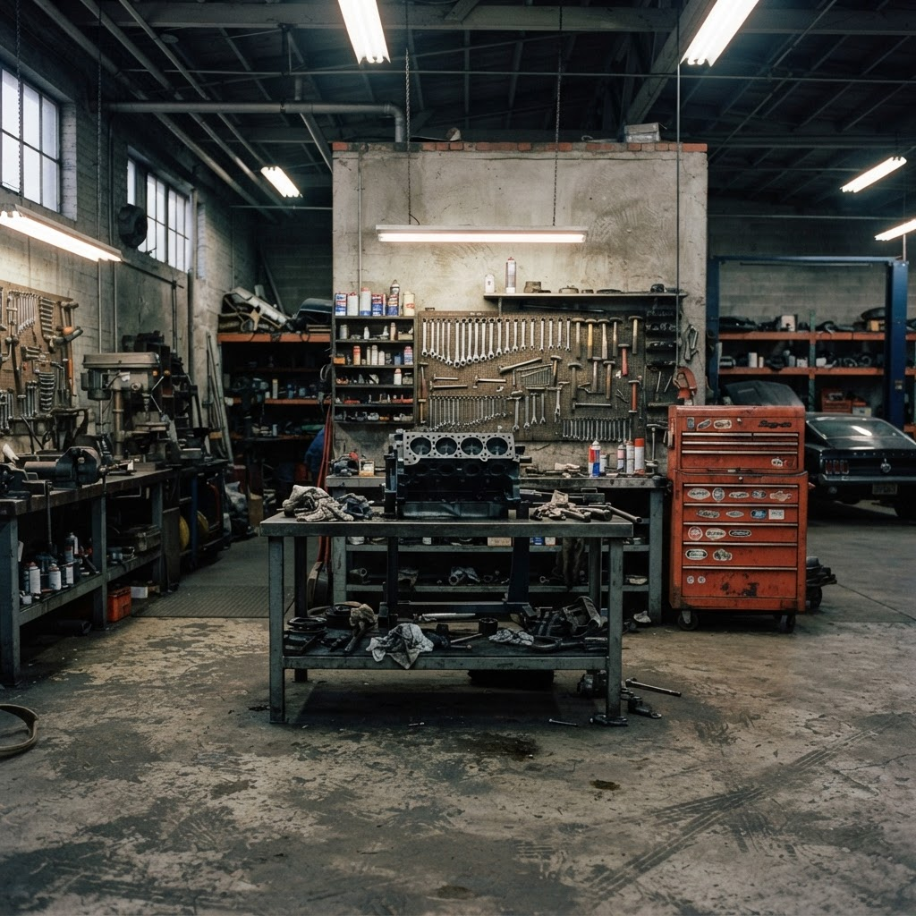 Interior de taller mecanico con un motor sobre la mesa de trabajo
